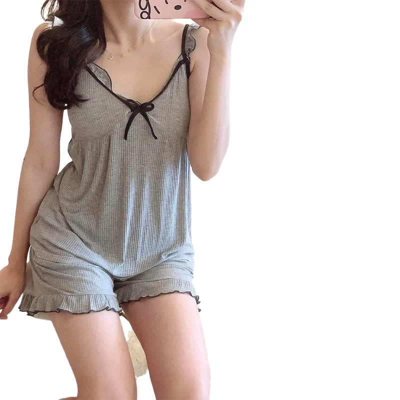 Women's Summer Sling Pajamas Set Shorts Modal Sweet Wind Belt Bra Ear Edge Sexy Nightgown Suit Home Wear Sleepwear Nightwear