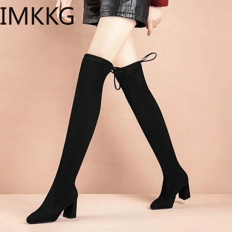 Эластичные облегающие ботфорты из флока Коллекция 2019 года Женские зимние сапоги