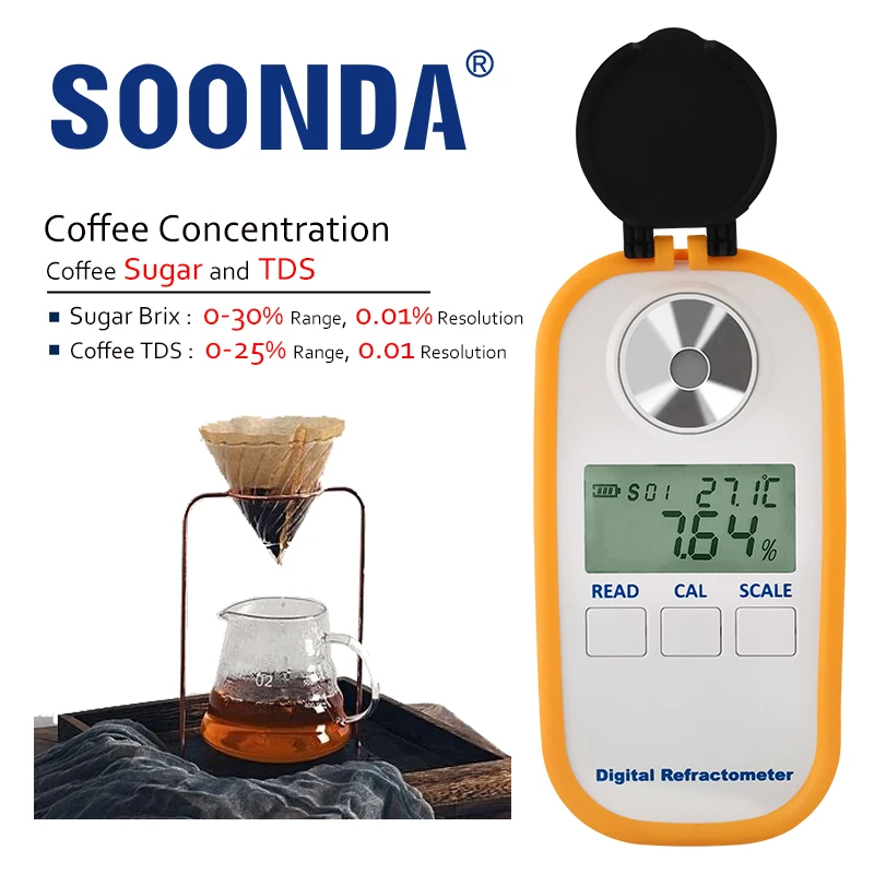 

2-in-1 Auto Mini Size Digital Refractometer Coffee TDS Brix Hydrometer Concentration Measuring 0-25% TDS 0-30% Sugar Range Meter