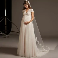long wedding dress pregnant woman open back v neck elegant plus size bridal gown cap sleeve lace tulle robe de mari%c3%a9e custom
