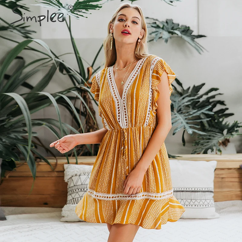 Simplee женское платье Бохо без рукавов цветочный принт гофрированные Высокая талия