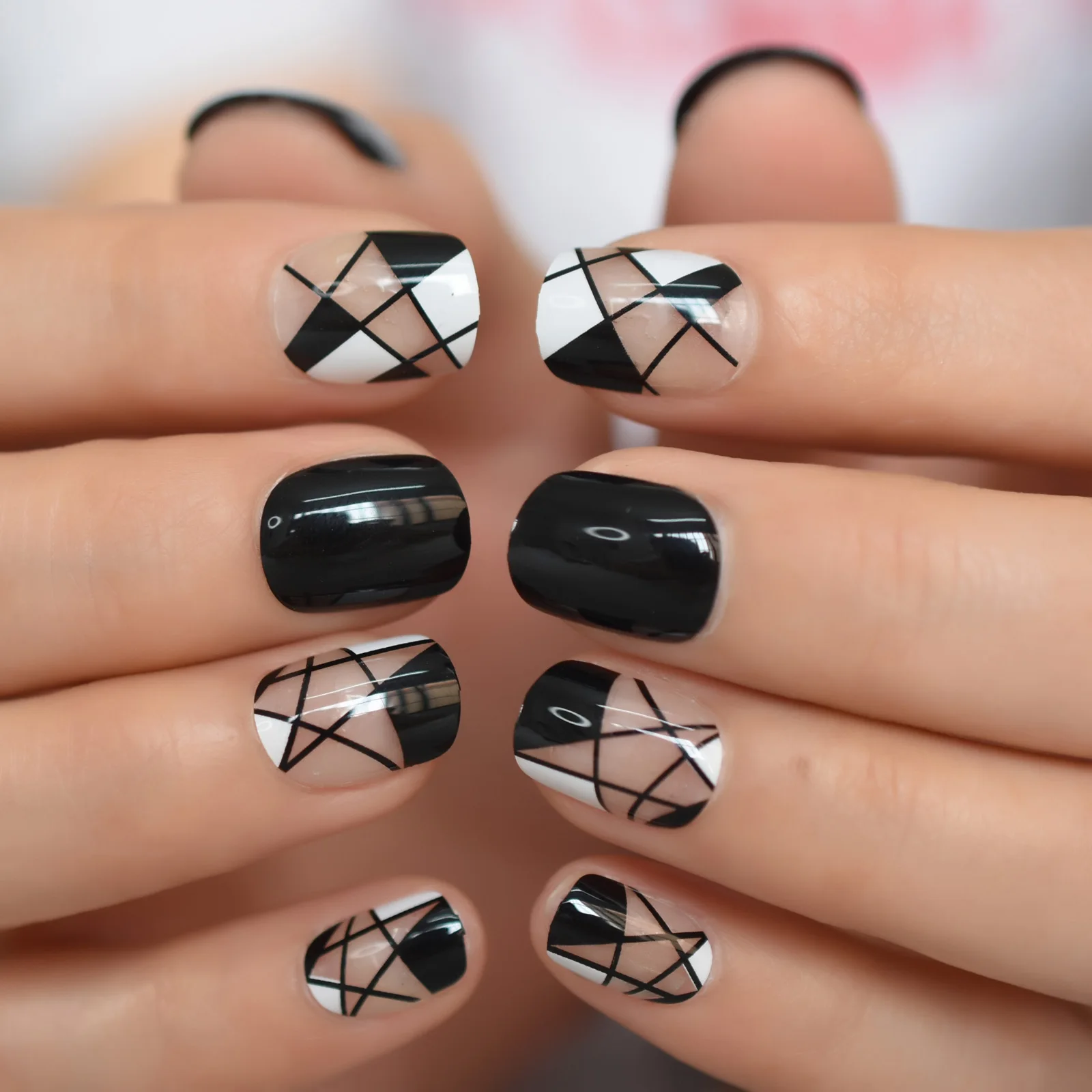 Черный прозрачный накладные ногти пальто неправильной формы короткий круглый