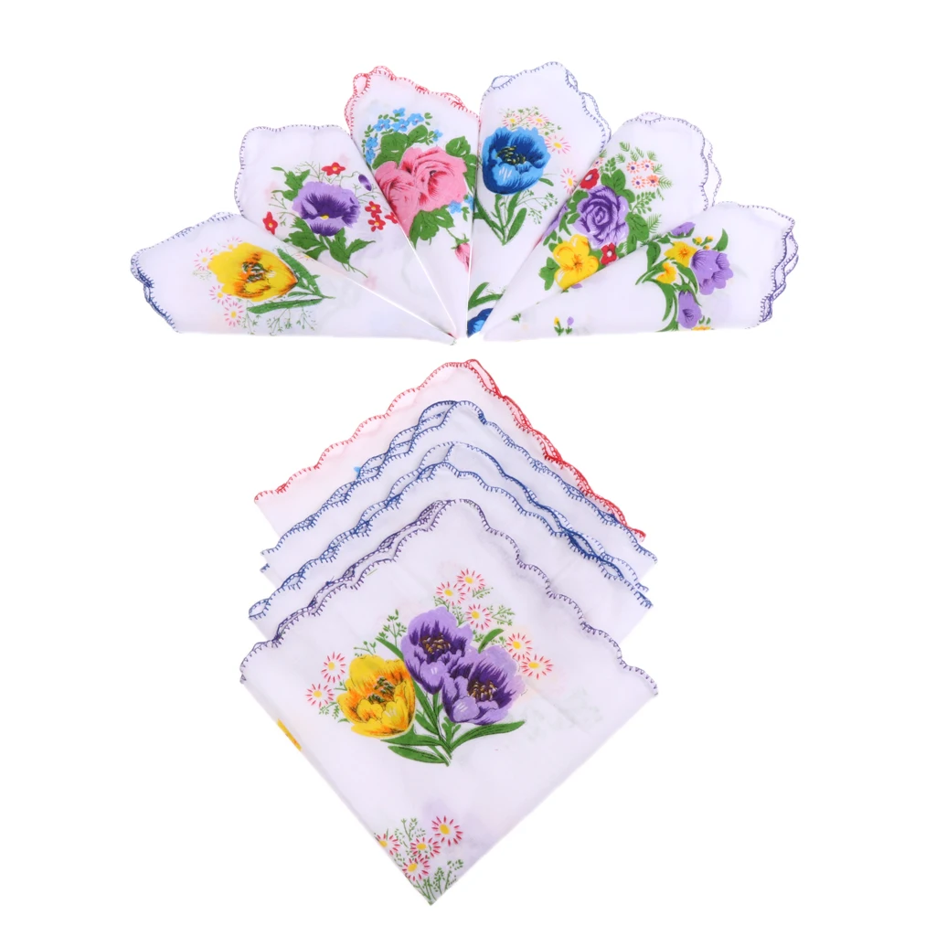 

10pcs Women 100% Cotton White Handkerchiefs Assorted Colourful Flowers Gift
