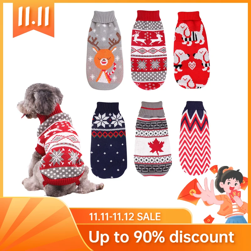 

Christmas Reindeer Maple Leaf Snowflake Holiday Pet Clothes Turtleneck Knitted Sweater Dog Cat Clothing Winter Jacket