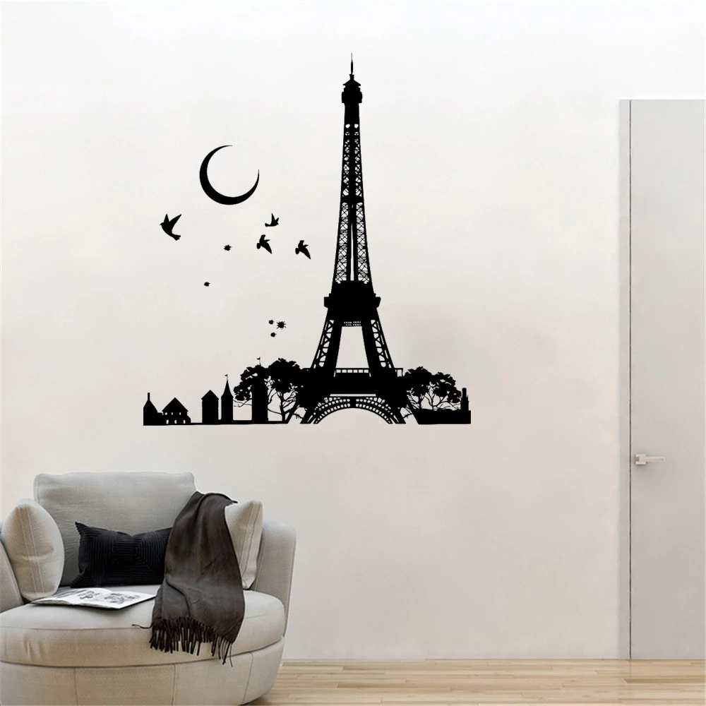 

Paris France Eiffel Wall Decal Tower Night Moon Birds Wall Sticker Vinyl Home Decoration Revocable Art Mural dw10916