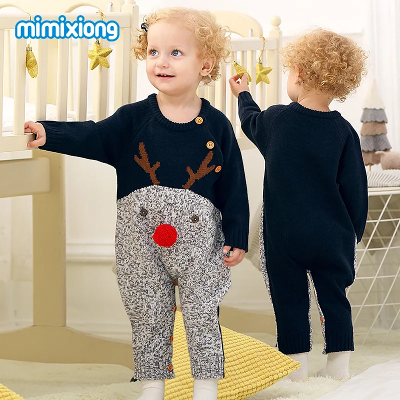 

2021 baby jumpsuit front button knitted jumpsuit, warm cap, newborn cotton romper for fall and winter wear 0-18M