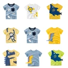 Летняя футболка для мальчиков, топы, футболка, Детская Хлопковая одежда с мультяшным принтом животных, акулы, динозавра