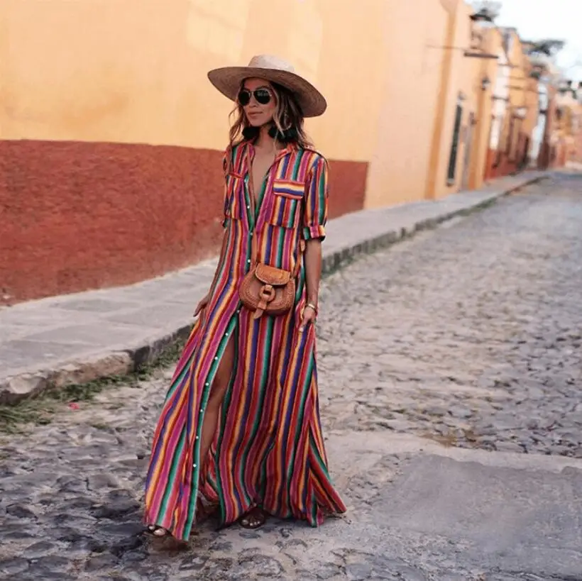 Женское Хлопковое платье на пуговицах длинное пляжное радужной расцветки с