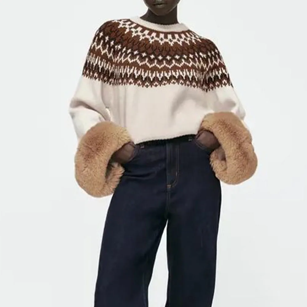 

Женский жаккардовый пуловер DiYiG ZA, Повседневный пуловер в стиле ретро с эффектом искусственного меха, Осень-зима 2021