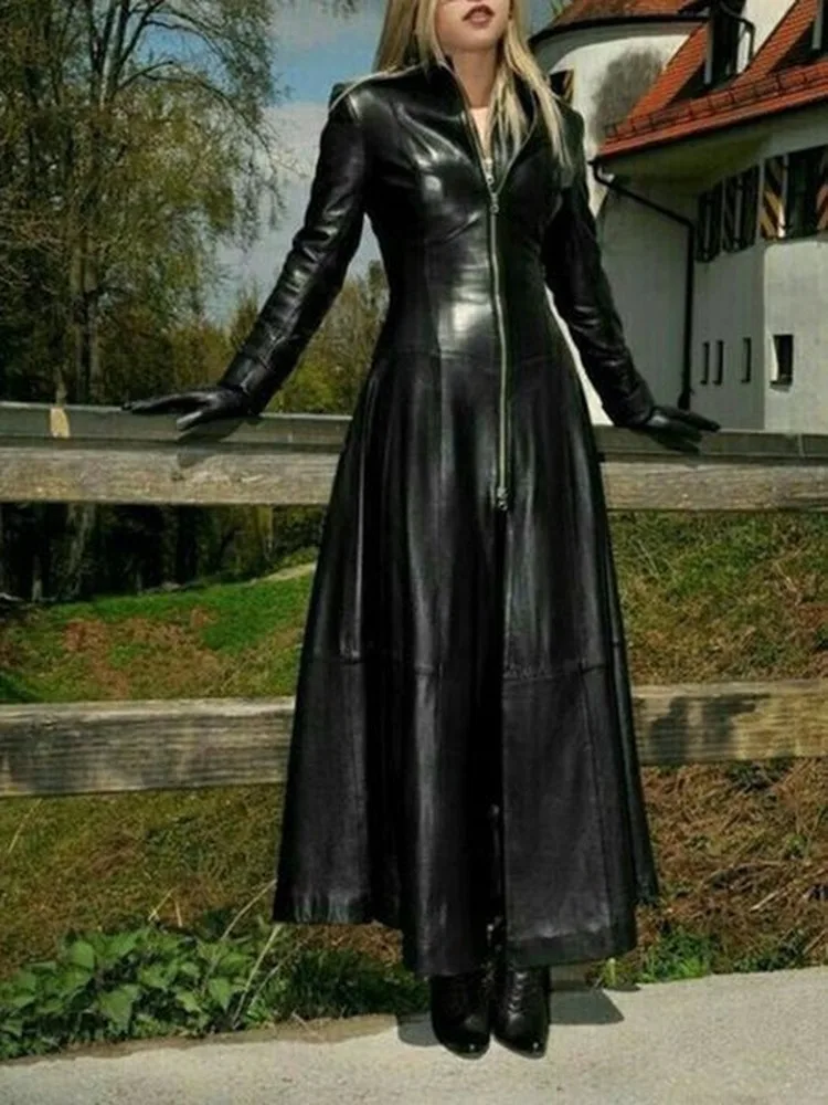 

2021 New High Quality Fashion Women Stand Collar Long Faux Leather Jacket Women Loose Zipper PU Long Sleeve Trench Coat for Wome