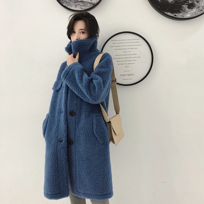 Настоящее женское длинное корейское однотонное теплое шерстяное пальто зимняя