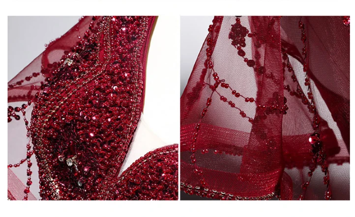 

Autumn women's lace dress noble and dignified sexy V-neck backless wine red party dress high-end custom large size