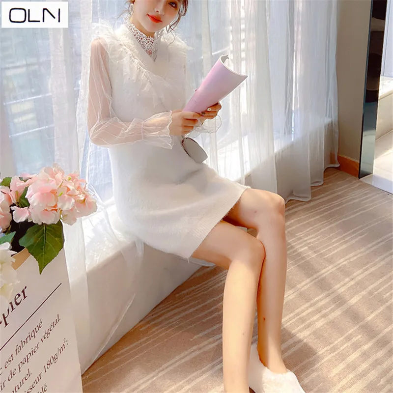 Осень Зима OLN корейский новый оптовый мохер шить бутон шелковое газовое платье