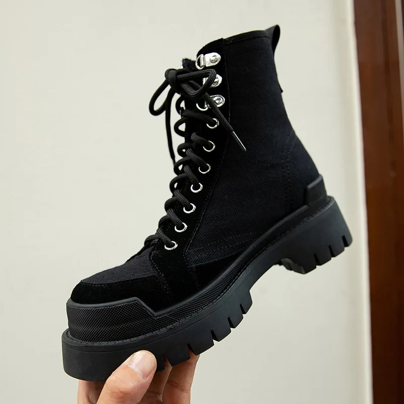 

boots new boots French round women's British style head thick bottom canvas short western boots