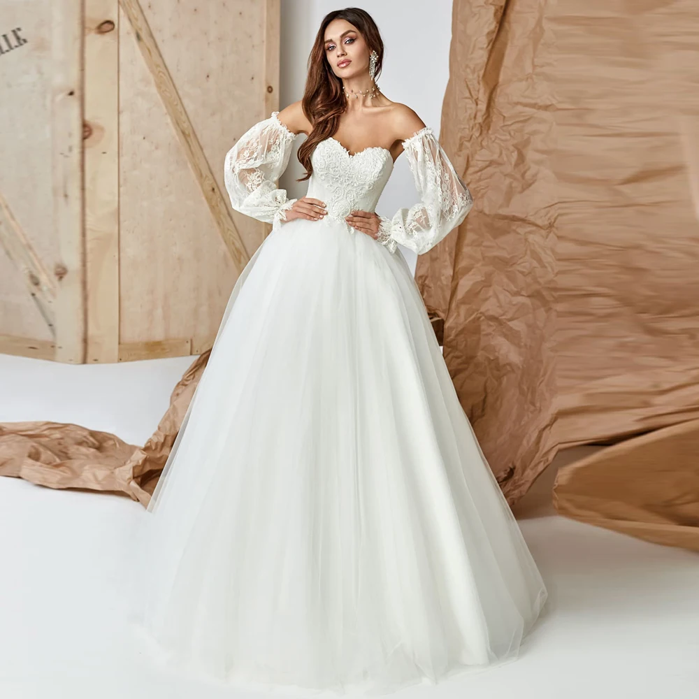 

Vestidos Elegant Wedding Dresses Tulle Illusion Appliques Sweetheart Full Sleeve Zipper Ball Bridal Gowns