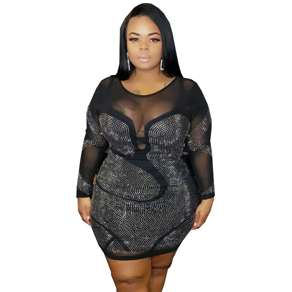 

soloyo 6xl 5xl 4xl 3xl 2xl xl new fashion fall new Hot sale dress hot drilling sexy dress, one drop shipping
