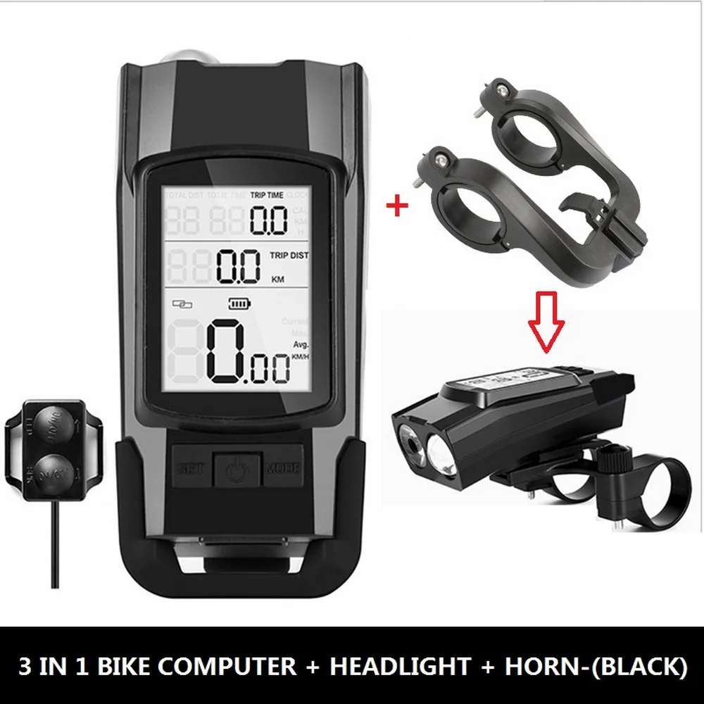

USB Rechargeable LED Bicycle Headlight Bike Front Light With Horn Speedometer