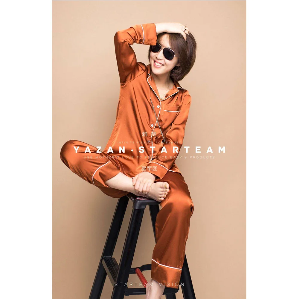 YAZAN Women's Pajamas Set Best Selling Style 100% Polyester Silky Slippery Pajama Set Lapel Women's Casual Home Wear