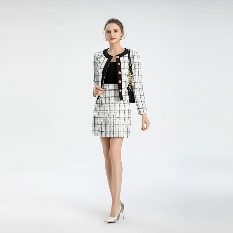 

Женский твидовый клетчатый короткий пиджак MIUXIMAO с круглым вырезом и юбка с запахом на бедрах, комплект из двух предметов, модный элегантный офисный стиль, Новинка осени 2021