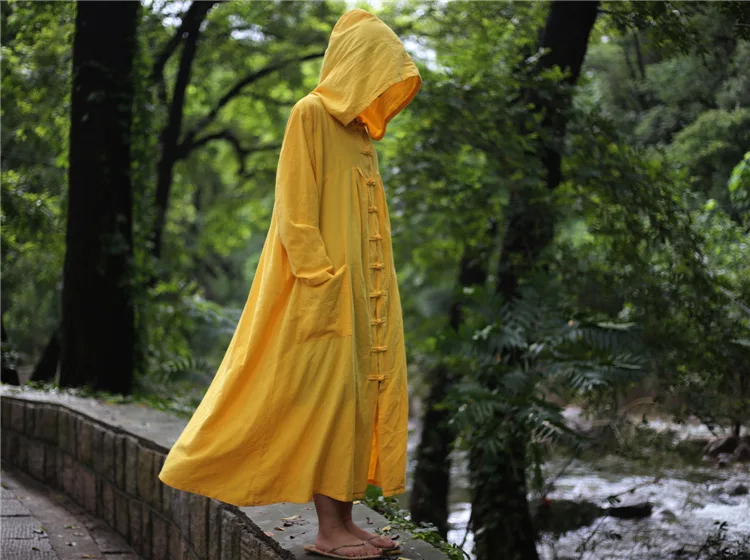 NINI WONDERLAND, Осенний Хлопковый тренч с капюшоном, пальто для женщин, длинная верхняя одежда, однобортный, большой размер, длинное платье, халат в стиле Mori Girl