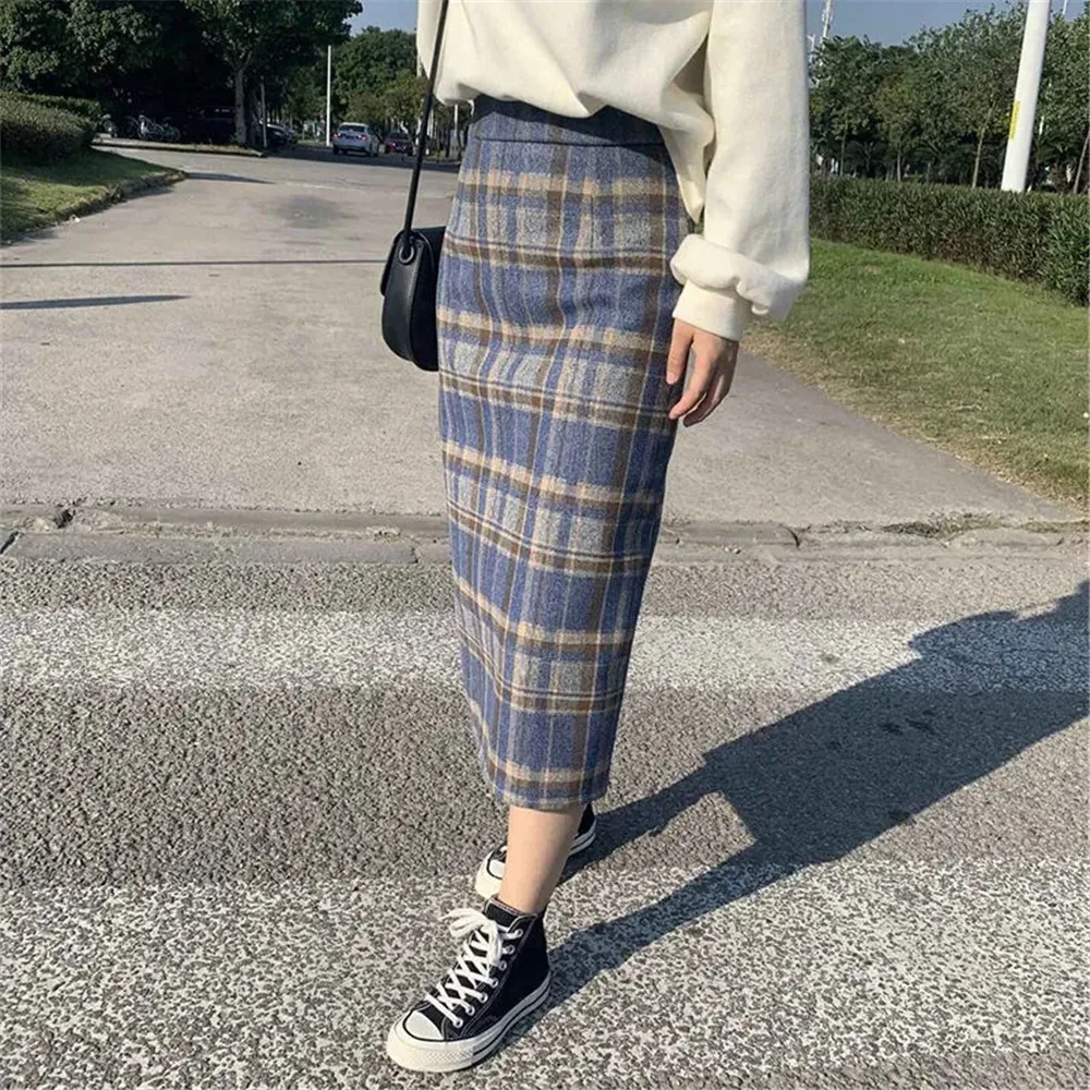 Винтажная клетчатая сумка длинная юбка на бедрах Женская Корейская свободная