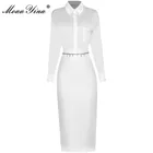 MoaaYina, модный осенний костюм с белыми юбками, женские однобортные рубашки с отложным воротником + Облегающие юбки миди, комплект из 2 предметов