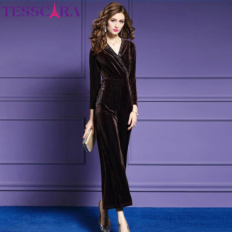 Женский бархатный комбинезон TESSCARA элегантный офисный с бисером комбинезоны и