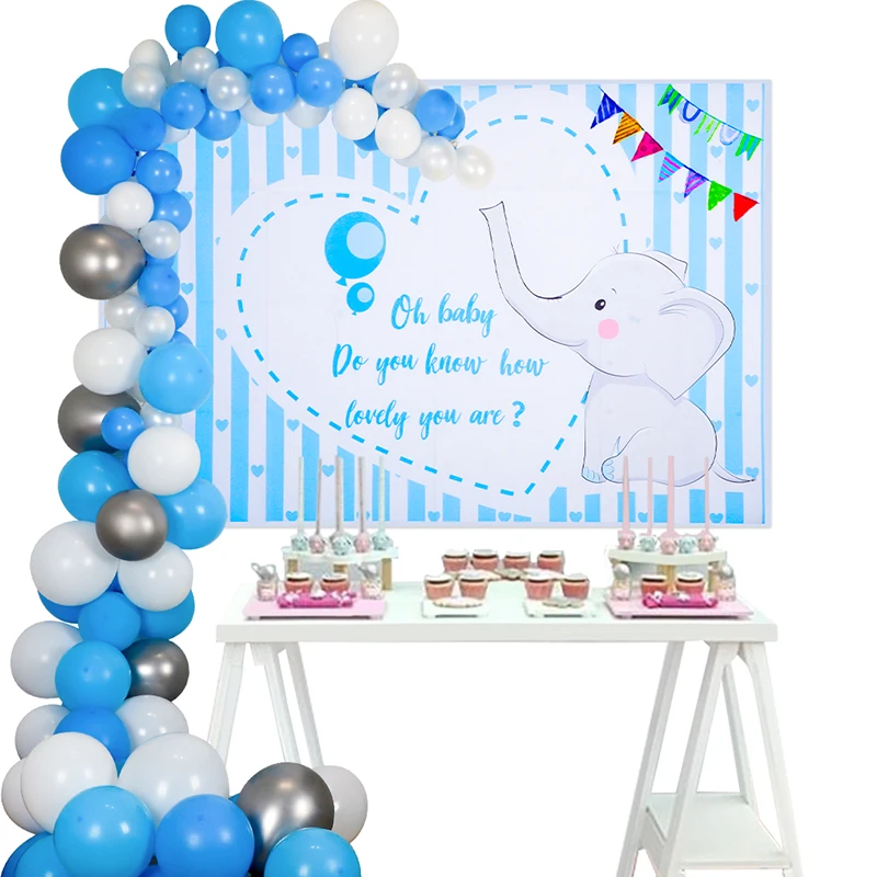 104pcs balloon arch Украшения для маленьких мальчиков, серебристый/синий шар, арка, детский душ, мальчик, слон, ткань, фон для фотосъемки - Цвет: 104pcs balloon arch