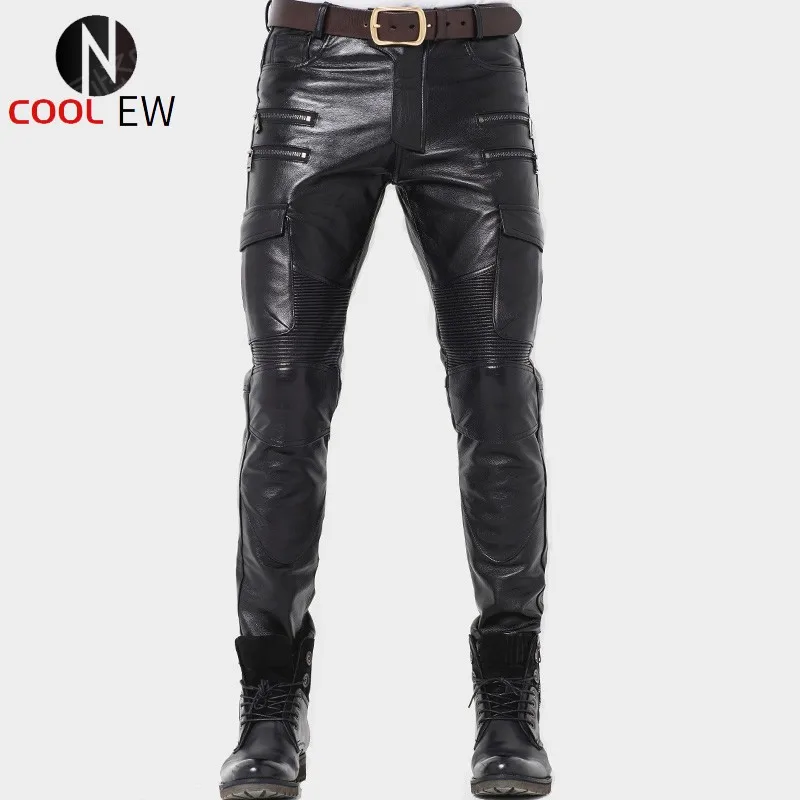 

Winter Luxury Mens Genuine Leather Pants Skinny Motorcycle Cowhide Leather Pants Warm Windproof Long Trousers Man Slim Fit Pants