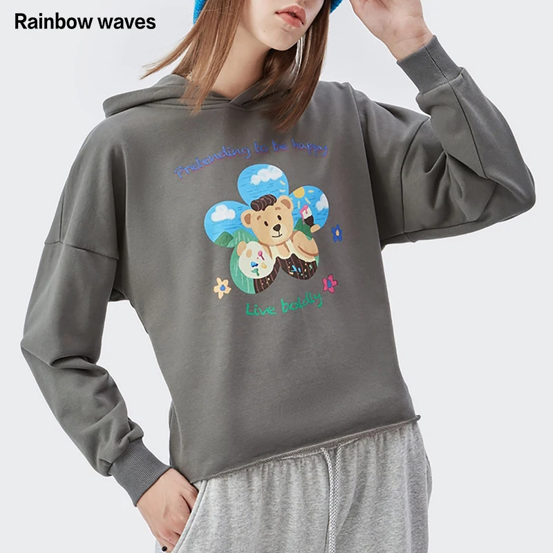 

Rainbowwaves Women Cute Cartoon Bear Print Hoodies Casual Long Sweatshirt Loose Tracksuit Female Streetwear Pullover Fashion Top