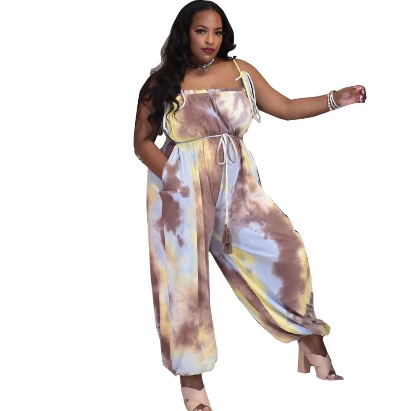 

Spaghetti Strap Jumpsuit Women 4XL Plus Size Sleeveless Playsuits Rompers Summer New Tie Dye Print Sexy Oversize Jumpsuits 2021