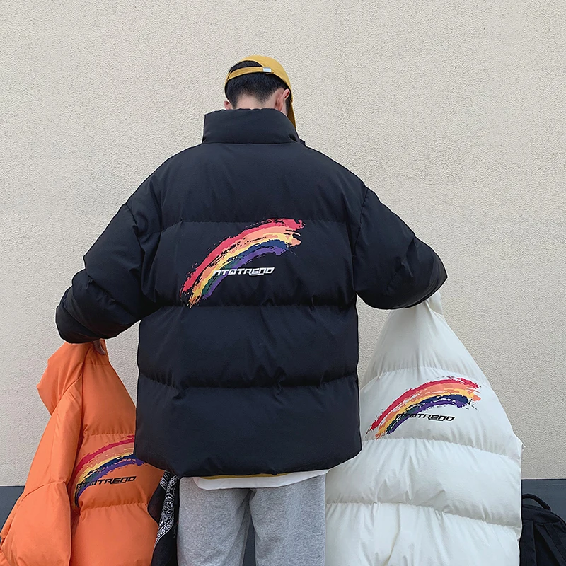 

Winter Men Puffer Jacket Fashion Korean Warm Loose Bubble Coat Hip Hop Harajuku Parka Jacket Women Clothing Rainbow Zipper Stand