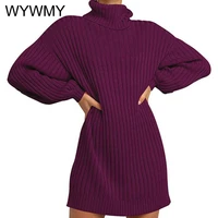 women turtleneck oversized knitted dress autumn solid long sleeve casual elegant mini sweater dress winter clothes for women