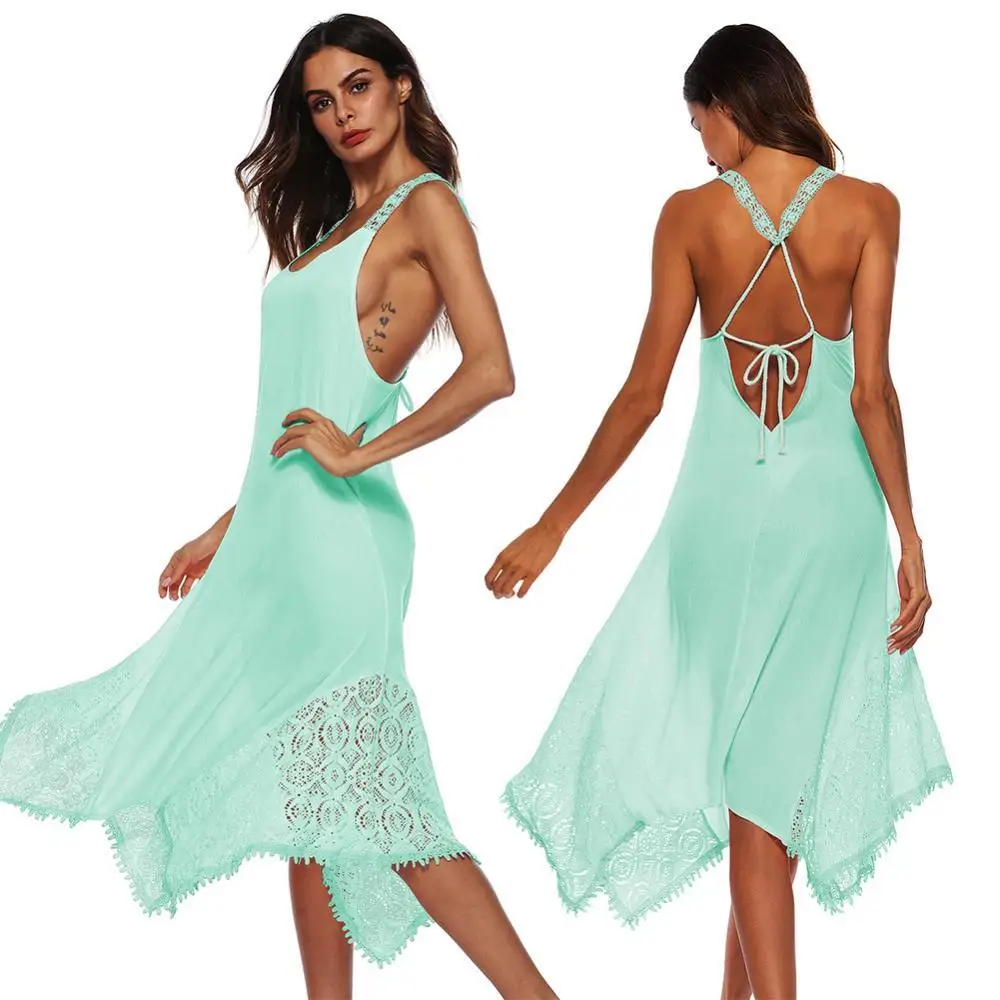

Hot Casual Elegant Dress Women Sleeveless Backless Lacing Irregular Lace Hem Plus Size Low-cut Midi Dress Vestidos Robe New 2021