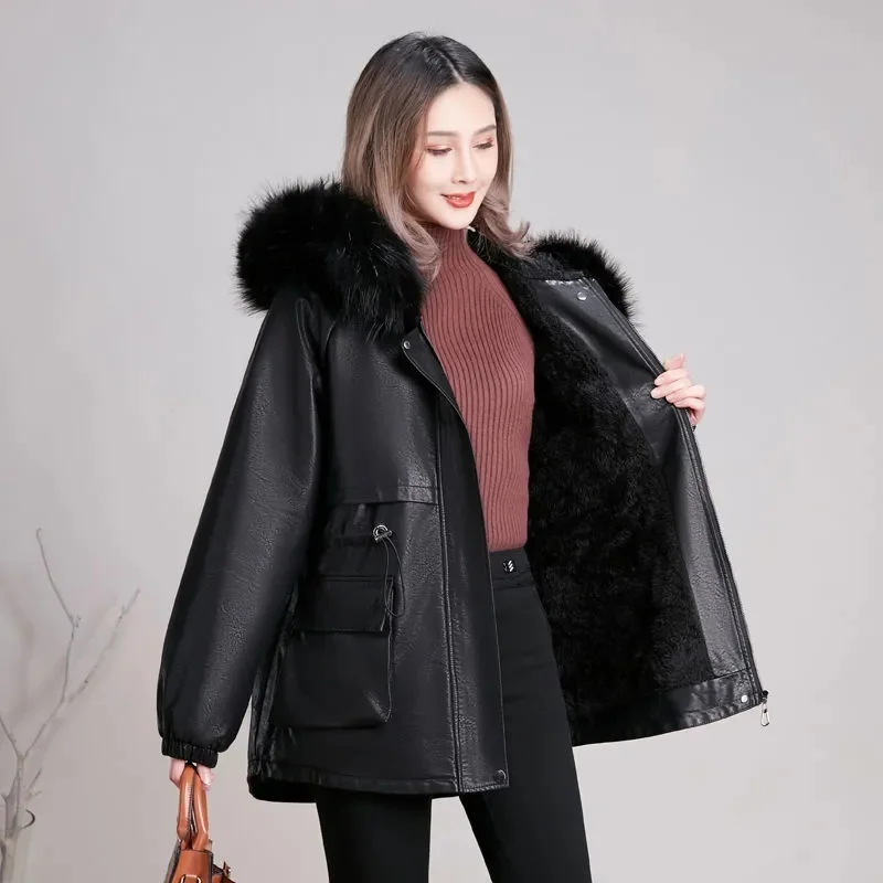 Large Fur Collar Plus Velvet Leather Cotton Coat In The Long Section 2021 New Style Fashionable Leather Coat Winter Jacket Women