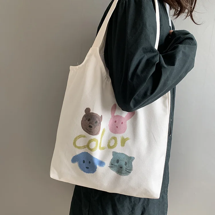 

Cotton Canvas Girls Student Books Shoulder Bag Cute Animal Print Women Canvas Vest Handbags Ladies Large Capacity Shopping Bags