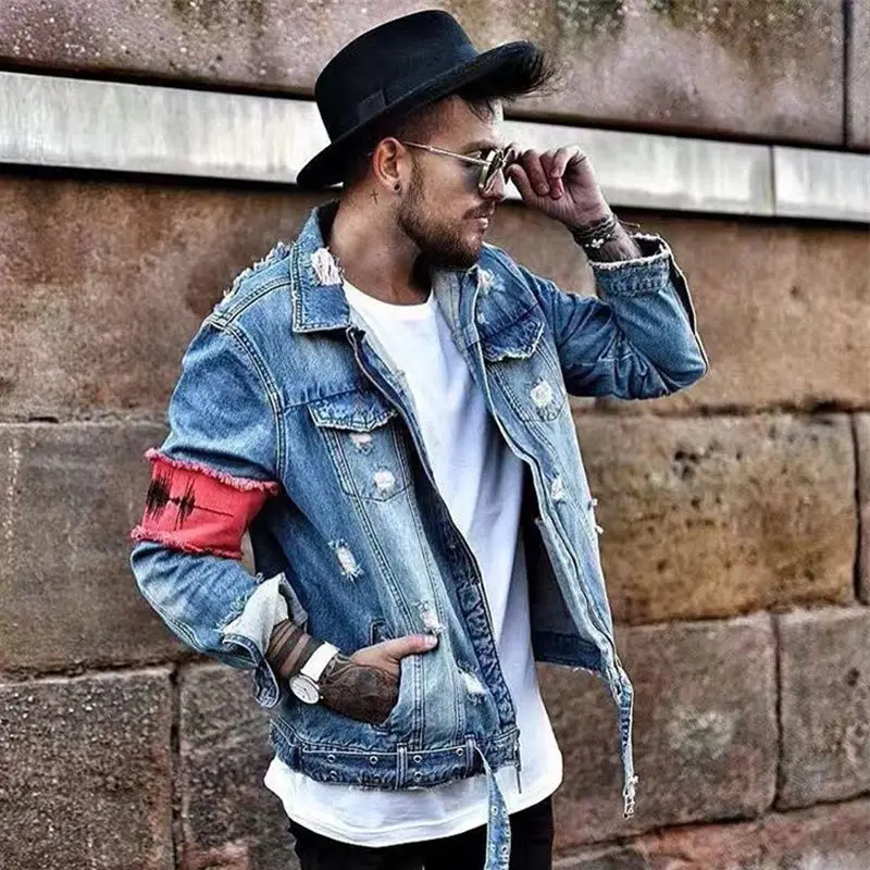 

2021SS Coat Front Zipper Destroyed Jeans Flight Jacket Men Patch Design Ripped Denim Jean Jackets Hip Hop Streetwear Autumn