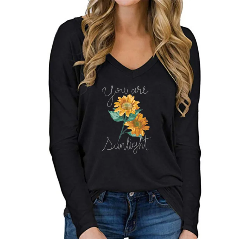 

Женская хлопковая футболка с длинным рукавом и V-образным вырезом