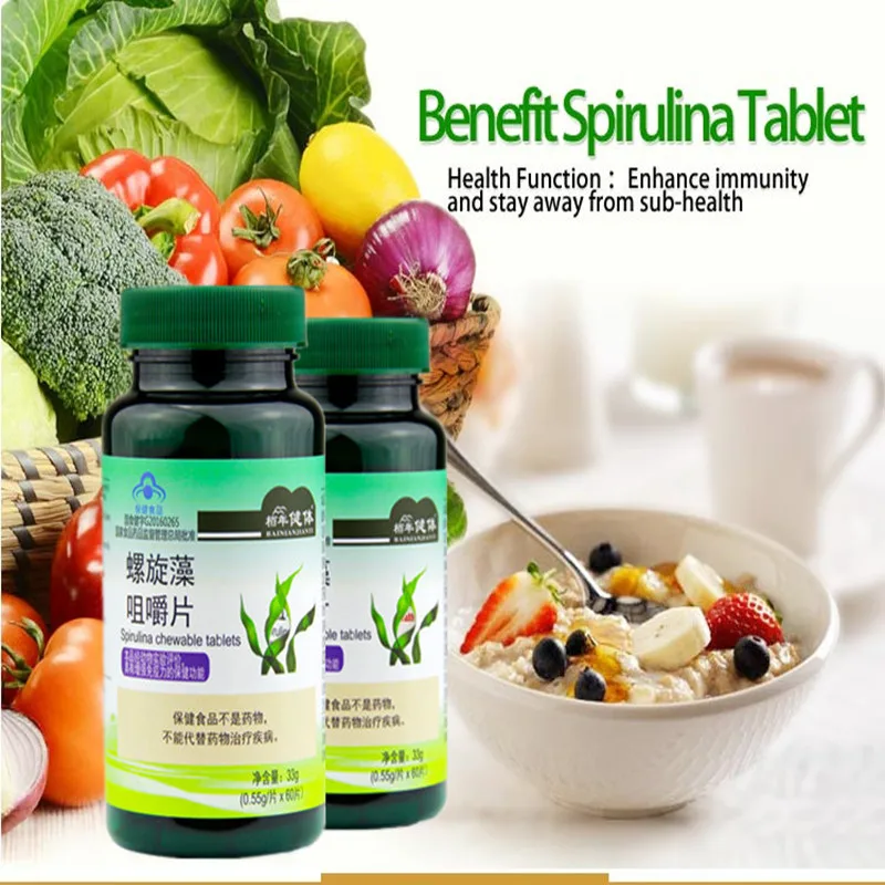 

60 pills 1 bottle Spirulina Tablet Rich in Protein Multi Vitamins Wafers Algae Alga Spirulina Powder Anti-Fatigue Loss Weight