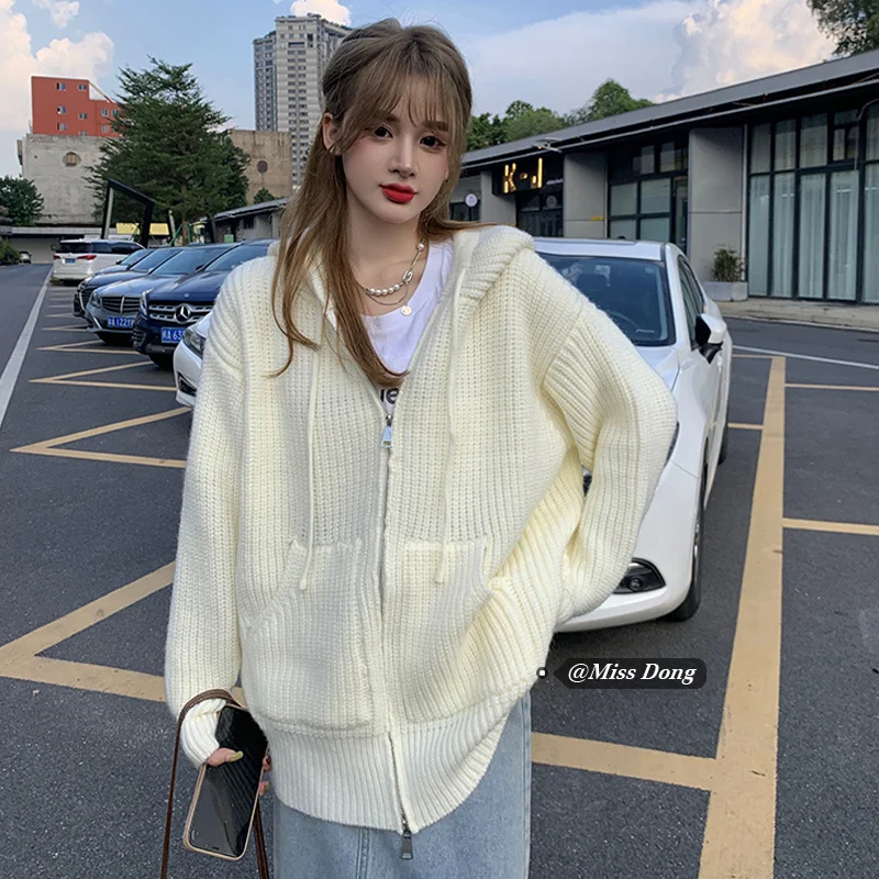 

Женский трикотажный кардиган с капюшоном, однотонная Повседневная Свободная кофта на молнии, удобные мягкие топы, осень 2021