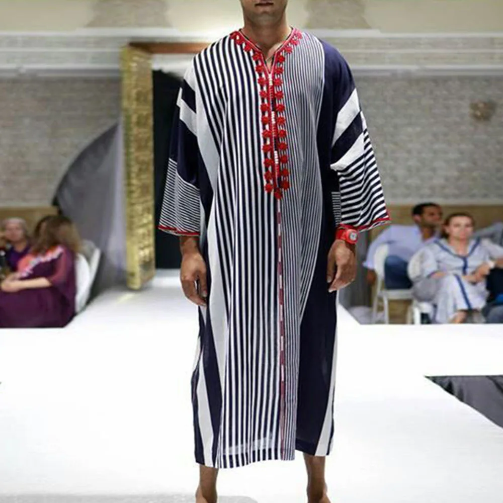 

Men's Clothing Abaya Kaftan Islam Muslim Dresses Long Fashion Stripe Print Patchwork Ethnic Style Djellaba Man Arabic Dress 2021