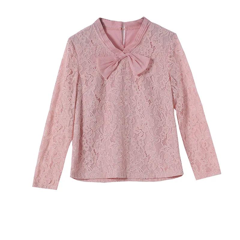 

2020 spring women's new fashion base shirt, western style top, bow tie decoration, V-hook lace shirt