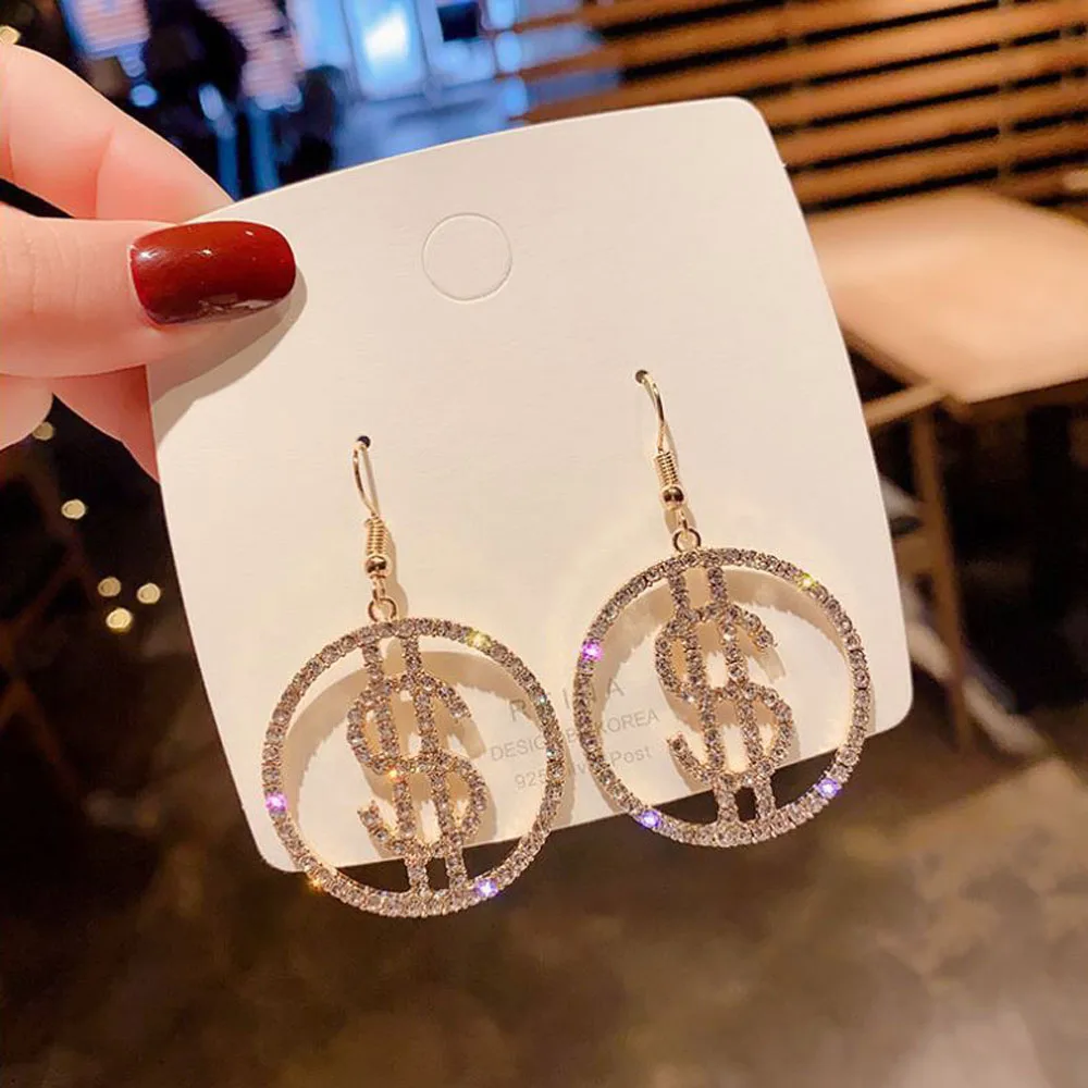 

1 Pair Dollar Sign Shiny Dangle Earrings Personality Rhinestone Exaggerated Women's Money Icon Prevent Allergy Ear Jewelry SH-08