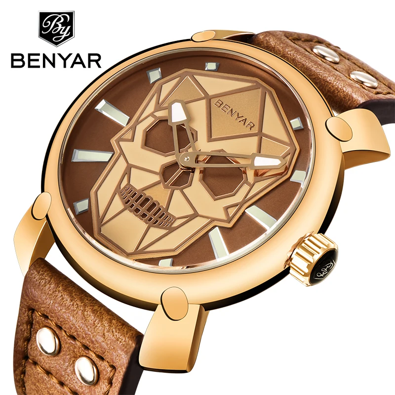 

Новинка, Креативные мужские часы BENYAR с синим черепом, комплект 2020, роскошные модные кварцевые наручные часы с кожаным ремешком, мужские часы...