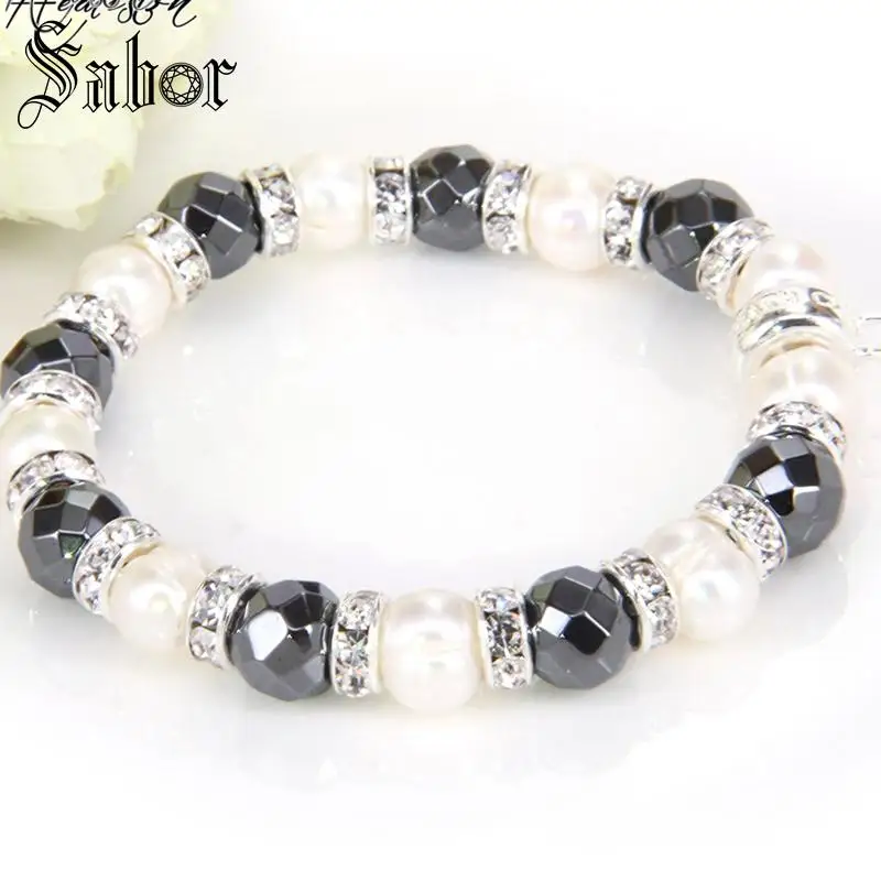 Гематит из бисера Пресноводный Жемчуг стразы браслет с фирменной подвеской