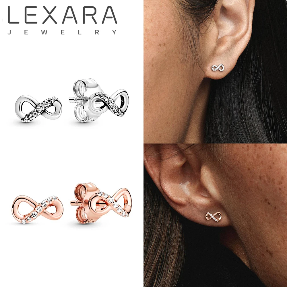 

LEXARA Trendy Sparkling White Zircon Infinity Stud Earring For Women 2021 New European Brand Fine Jewelry Oorbellen Bijoux