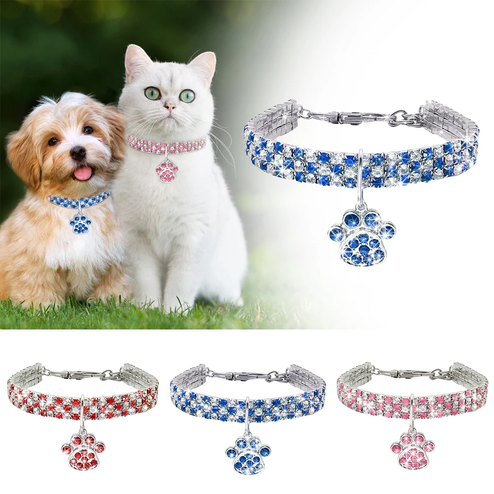

Dog Collar Pet Crystal Necklace Cat Rhinestone Dog Paw Pendant Necklace Puppy Basic Collar Princess Style Pet accessories D30