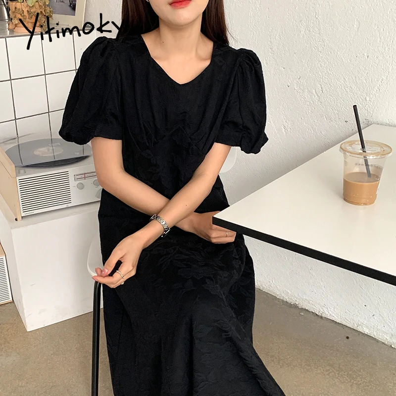 

Yitimoky Vintage High Waist Maxi Dress for Women 2021 Puff Short Sleeve V-Neck Unicolor Loose Summer Clothes Korean White Black