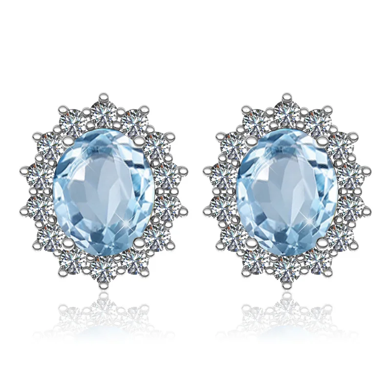 

Sky Blue 925 Sterling Silver Earring Studs Aquamarine Wedding Earrings Large Gemstone With Diamonds Jewerly Fine Orecchini Best