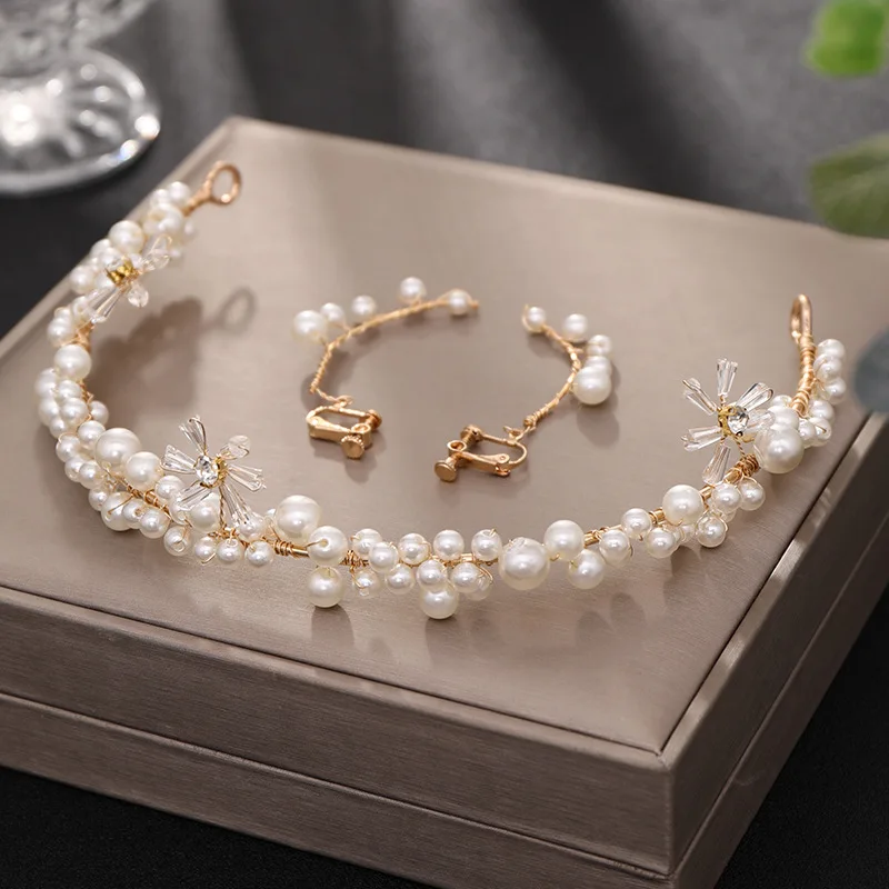 

New Faux Pearl Crystal Hairband Earrings Set Charming Handmade Headwear Tassels Eardrop Bride Wedding Accrssories BN